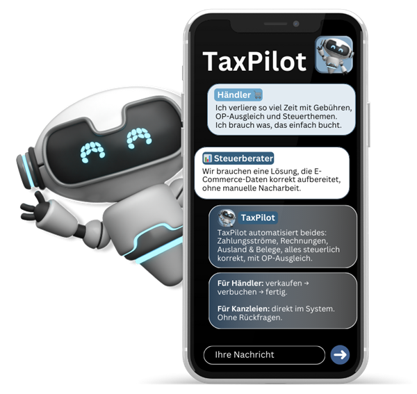 Chatverlauf auf einem Smartphone: Ein TaxPilot-Roboter beantwortet Fragen zur automatisierten Buchhaltung an Händler und Steuerberater.